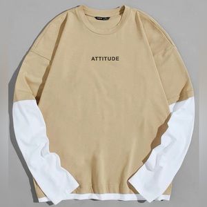 L tan long sleeve shirt